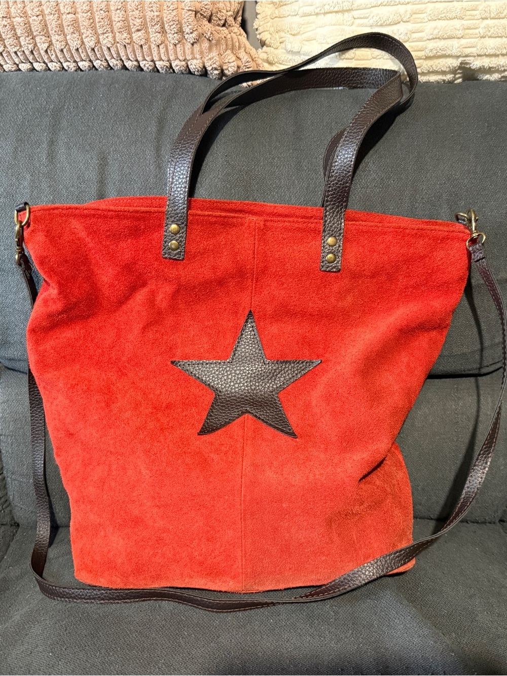 Red Suede Tote with Star Accent